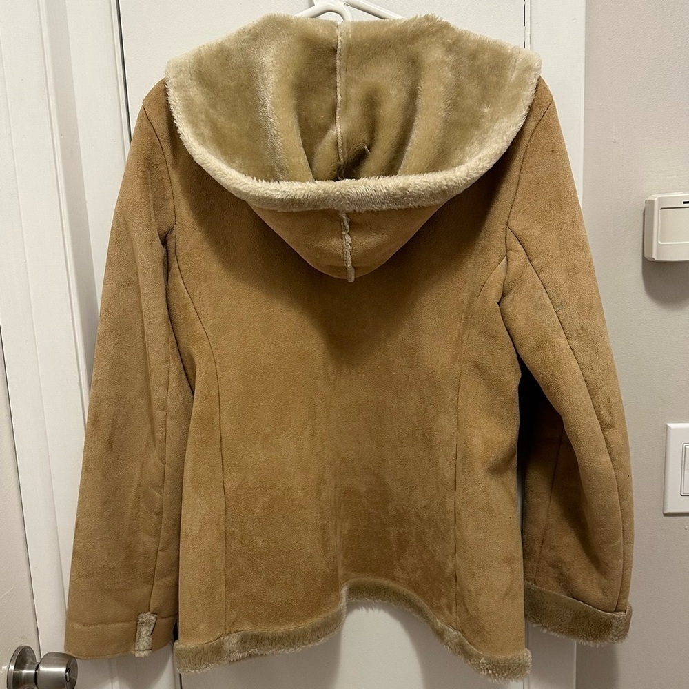 VTG Mulberry Street Coat Jacket S Faux Suede Soft Fur Lined Zip Hooded Camel - Picture 2 of 9